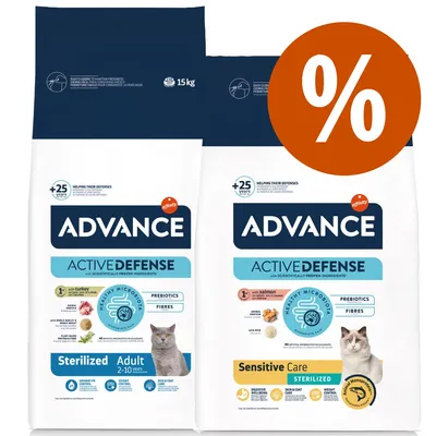 Dois sacos de ração Advance Active Defense para gatos esterilizados, Adult 2–10 anos (15 kg) e Sensitive Care Sterilized. Selo de desconto visível com símbolo de percentagem.