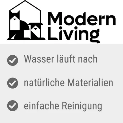 Modern Living. Wasser läuft nach, natürliche Materialien, einfache Reinigung. Texte en allemand.