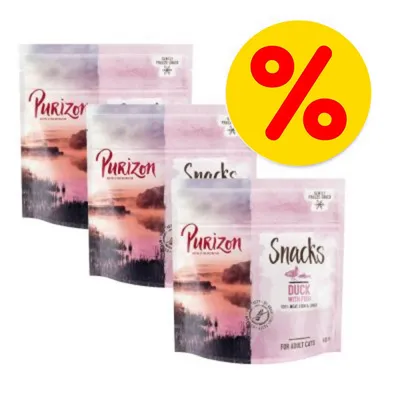 Purizon Snacks Duck with Fish para gatos adultos, pack de 3 bolsas. Símbolo de porcentaje amarillo indica oferta o descuento.