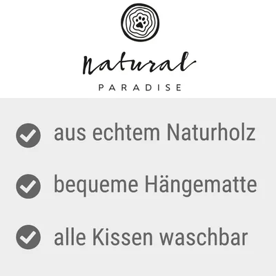 Natural Paradise. Aus echtem Naturholz, bequeme Hängematte, alle Kissen waschbar.