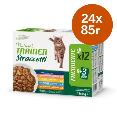 Natural Trainer Straccetti паучове за котки, 24×85 г. Включва с сьомга и зеленчуци, пиле и зеленчуци, риба тон и зеленчуци, пуешко и зеленчуци. 9+3 бройки безплатно.