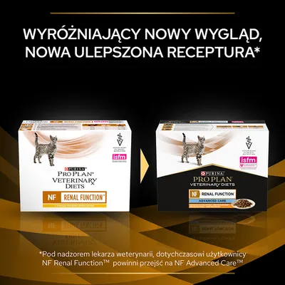 Porównanie opakowań karmy Purina Pro Plan Veterinary Diets NF Renal Function dla kotów: stara wersja i nowa z napisem Advanced Care. Widoczny tekst: wyróżniający nowy wygląd, nowa ulepszona receptura.