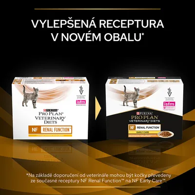 Purina Pro Plan Veterinary Diets NF Renal Function a NF Renal Function Early Care pre mačky, vylepšená receptúra v novom obale. Text na obrázku je v češtine.