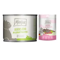 MjAMjAM Kombi-Paket: 12 x 200 g Nassfutter + 3 x 125 g Snackbag kulinarischer Wildlachs - leckeres Rind an gedämpftem Kürbis 12 x 200 g + Snackbag kulinarischer Wildlachs 3 x 125 g