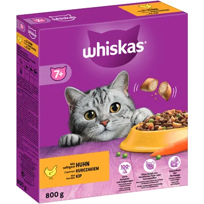 Whiskas Trockenfutter für Katzen ab 7 Jahren, mit saftigem Huhn, 800g. Ohne künstliche Farb- und Aromastoffe, unterstützt die Gesundheit der Harnwege.
