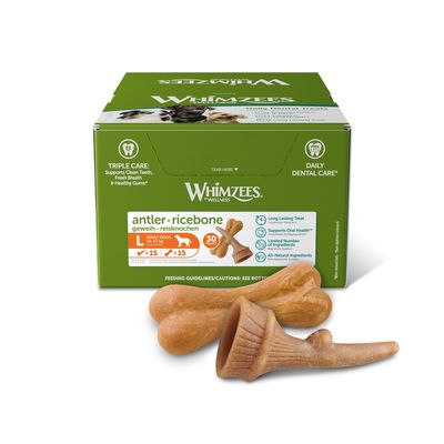 Whimzees antler ricebone dental treats for adult dogs, 30 pieces. Features: long lasting treat, supports oral health, limited ingredients, all-natural. Feeding guidelines on box.