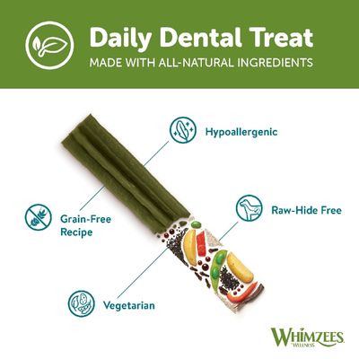 Daily dental treat made with all-natural ingredients. Features: hypoallergenic, grain-free recipe, vegetarian, raw-hide free. Whimzees brand shown.