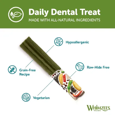 Daily dental treat made with all-natural ingredients. Features: hypoallergenic, grain-free recipe, vegetarian, raw-hide free. Whimzees brand shown.