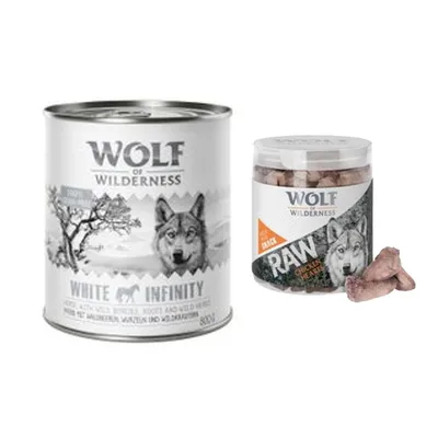 Wolf of Wilderness Kombi-Paket: 24 x 800 g Nassfutter + 4 x 70 g RAW Snacks - Wild Hills - Ente + Hühnerherzen