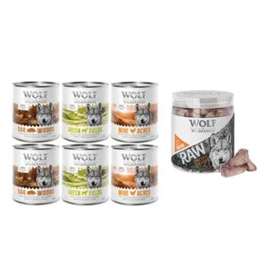 Wolf of Wilderness Kombi-Paket: 24 x 800 g Nassfutter + 4 x 70 g RAW Snacks - Mixpaket: Wildschwein, Huhn, Lamm + Hühnerherzen