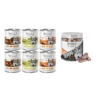 Wolf of Wilderness Kombi-Paket: 24 x 800 g Nassfutter + 4 x 70 g RAW Snacks - Mixpaket: Wildschwein, Huhn, Lamm + Hühnerherzen