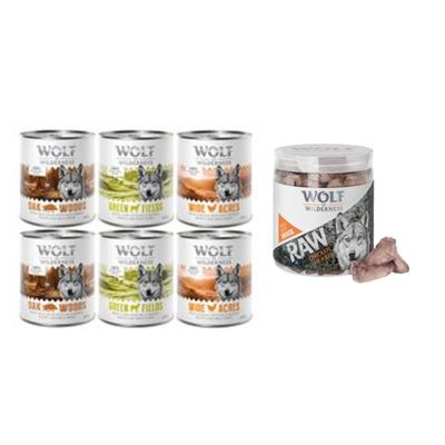 Wolf of Wilderness Kombi-Paket: 24 x 800 g Nassfutter + 4 x 70 g RAW Snacks Mixpaket: Wildschwein, Huhn, Lamm + Hühnerherzen