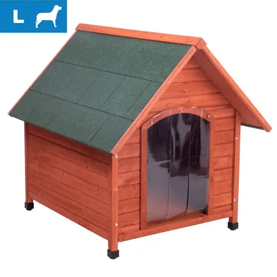 Niche pour chien en bois avec toit vert, entrée protégée par lamelles transparentes. Icône chien taille L visible en haut à gauche.