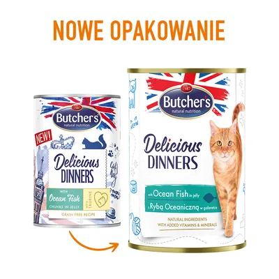 Duas latas de Butcher's Delicious Dinners para gatos, com texto visível: 'with Ocean Fish in jelly', 'Grain Free Recipe', 'Natural ingredients with added vitamins & minerals'. Duas latas de Butcher's Delicious Dinners para gatos, com texto visível: 'with Ocean Fish in jelly', 'Grain Free Recipe', 'Natural ingredients with added vitamins & minerals'.