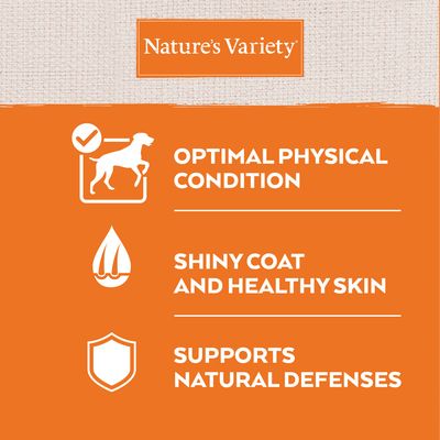 Nature’s Variety. Optimal physical condition, shiny coat and healthy skin, supports natural defenses. Text v angličtine.
