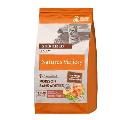 Nature’s Variety Sterilized Adult, 1er ingrédient poisson sans arêtes, sans céréales, avec du saumon norvégien, emballage recyclable, protéines qualité digestibilité