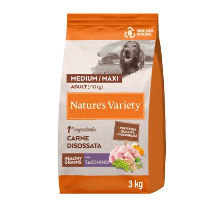 Sacchetto Nature’s Variety Medium/Maxi Adult (+10 kg), 1° ingrediente carne disossata, con tacchino, healthy grains, proteina qualità digeribilità, 3 kg, imballaggio riciclabile. Sacchetto Nature’s Variety Medium/Maxi Adult (+10 kg), 1° ingrediente carne disossata, con tacchino, healthy grains, proteina qualità digeribilità, 3 kg, imballaggio riciclabile.