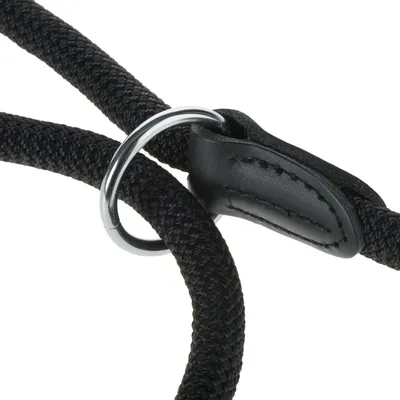 Detailaufnahme einer schwarzen Hundeleine aus geflochtenem Material mit Metallring und Lederverstärkung.