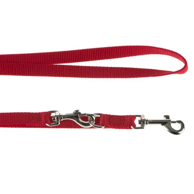 Rote Hundeleine aus Nylon mit verstellbarer Länge und zwei Metallkarabinern.