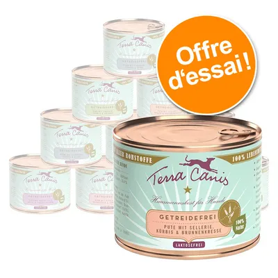 Lot de boîtes Terra Canis pour chiens, texte visible : Getreidefrei, Pute mit Sellerie, Kürbis & Brunnenkresse, 100 % Natur, Laktosefrei. Pastille orange : Offre d’essai ! Lot de boîtes Terra Canis pour chiens, texte visible : Getreidefrei, Pute mit Sellerie, Kürbis & Brunnenkresse, 100 % Natur, Laktosefrei. Pastille orange : Offre d’essai !