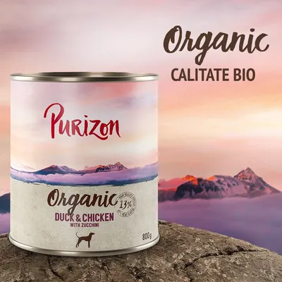 Conservă Purizon Organic Duck & Chicken with Zucchini, 800g. Text vizibil: Organic, Calitate Bio, 13% meat & liver, siluetă câine. Ambalaj cu peisaj montan.