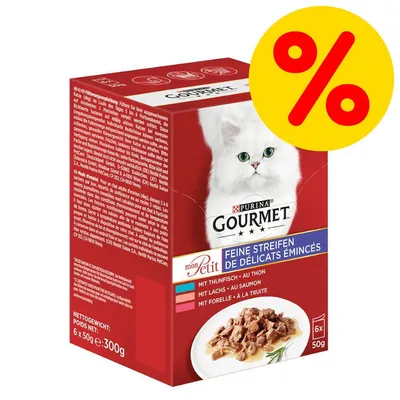 Caja de Purina Gourmet mon Petit para gatos, 6 x 50 g, variedades atún, salmón y trucha. Etiqueta de oferta con símbolo de porcentaje en amarillo.