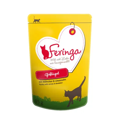 Feringa Geflügel mit Möhrchen & Löwenzahn, 85 g. Poultry with carrots & dandelion. Opakowanie żółte z sylwetką kota i sercem. Tekst częściowo po niemiecku i angielsku.