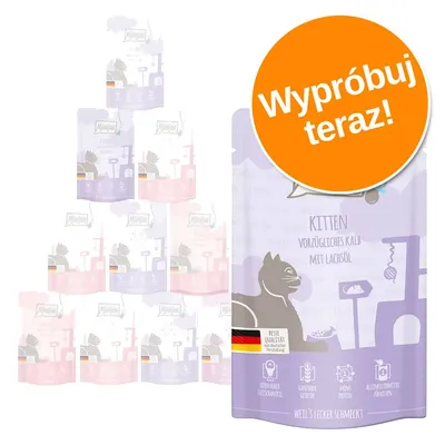Opakowanie karmy dla kociąt z widocznym napisem po niemiecku: KITTEN VORZÜGLICHES KALB MIT LACHSÖL. Pomarańczowe koło z tekstem: Wypróbuj teraz! Opakowanie karmy dla kociąt z widocznym napisem po niemiecku: KITTEN VORZÜGLICHES KALB MIT LACHSÖL. Pomarańczowe koło z tekstem: Wypróbuj teraz!