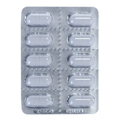 Blisterverpakking met 10 transparante, ovale tabletten in twee rijen van vijf. Geen merknaam of productinformatie zichtbaar.