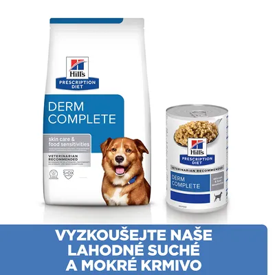 Hill's Prescription Diet Derm Complete suché a mokré krmivo pre psov, text: skin care & food sensitivities, veterinarian recommended. Výzva: Vyskúšajte naše lahodné suché a mokré krmivo.
