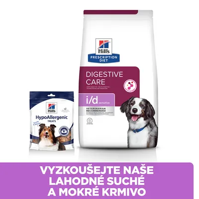 Hill's Prescription Diet Digestive Care i/d sensitive a Hill's HypoAllergenic Treats pro psy. Text: VYZKOUŠEJTE NAŠE LAHODNÉ SUCHÉ A MOKRÉ KRMIVO.