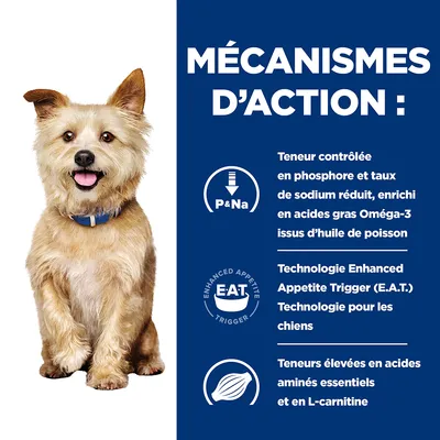 MÉCANISMES D’ACTION : teneur contrôlée en phosphore et sodium réduit, enrichi en Oméga-3 d’huile de poisson, technologie E.A.T. pour chiens, acides aminés essentiels et L-carnitine élevés.