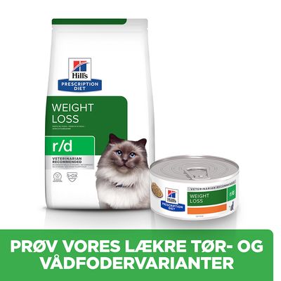 Hill's Prescription Diet Weight Loss r/d tør- og vådfoder til kat. Tekst: PRØV VORES LÆKRE TØR- OG VÅDFODERVARIANTER. Veterinarian recommended.
