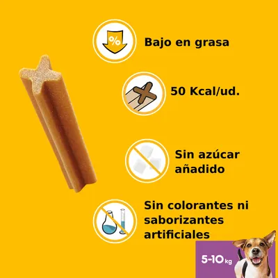 Snack en forma de barra con texto: bajo en grasa, 50 Kcal/ud., sin azúcar añadido, sin colorantes ni saborizantes artificiales, 5–10 kg. Imagen de un perro pequeño.
