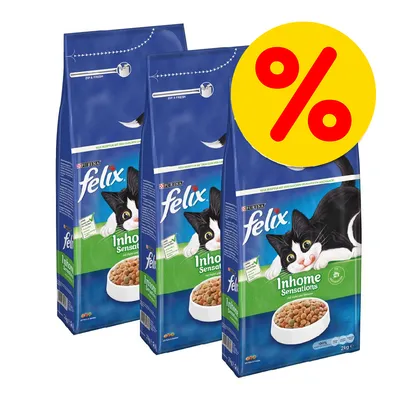 Tre confezioni di crocchette per gatti Purina Felix Inhome Sensations da 2 kg ciascuna, simbolo percentuale giallo con segno rosso in alto a destra che indica offerta o sconto. Tre confezioni di crocchette per gatti Purina Felix Inhome Sensations da 2 kg ciascuna, simbolo percentuale giallo con segno rosso in alto a destra che indica offerta o sconto.