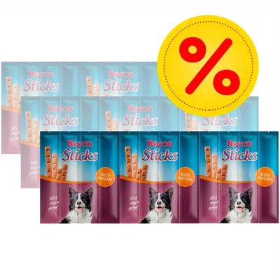 Více balení Rocco Sticks with poultry, na obalu pes a nápis Soft & easy to portion, žlutý symbol procenta pro zvýhodněnou nabídku.