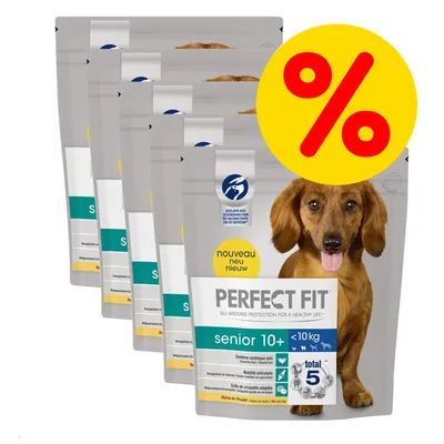 Confezioni di crocchette Perfect Fit senior 10+ <10 kg, visibile scritta 'nouveau new nieuw' e simbolo percentuale rosso su sfondo giallo per offerta.