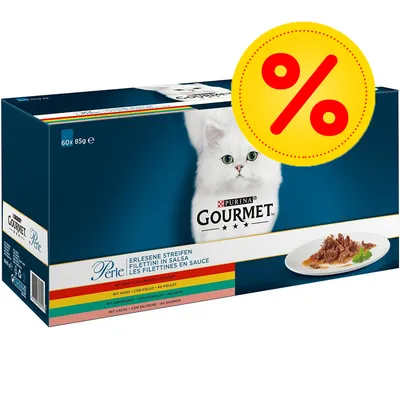 Purina Gourmet Perle kattefoder, 60 x 85 g. Stor pakke med billede af hvid kat og tallerken med foder. Gult procenttegn viser tilbud eller rabat.