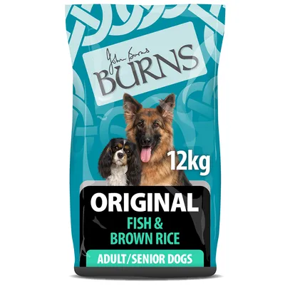 John Burns Original Fish & Brown Rice, 12kg, for adult and senior dogs. Packaging shows two dogs against a blue background.