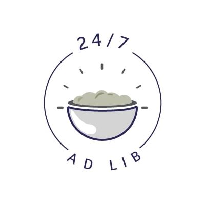 24/7 AD LIB text above and below a bowl of food illustration