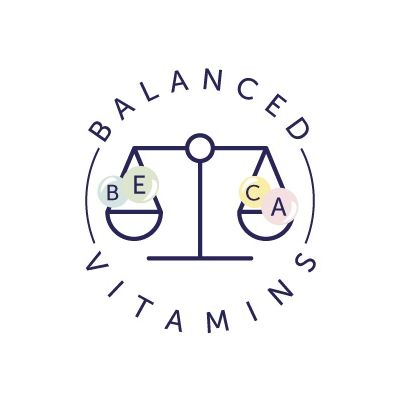 Texto en inglés: BALANCED VITAMINS. Dibujo de balanza con esferas que muestran BE, CA y A.