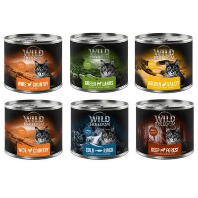 Boîtes Wild Freedom 200g : Wide Country Chicken, Green Lands Chicken with Lamb, Golden Valley Chicken with Rabbit, Cold River Chicken with Pollock, Deep Forest Chicken with Game.