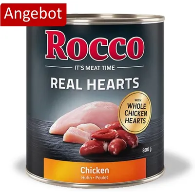 Rocco Real Hearts Hundefutter, 800g Dose, mit ganzen Hühnerherzen. Angebot hervorgehoben.