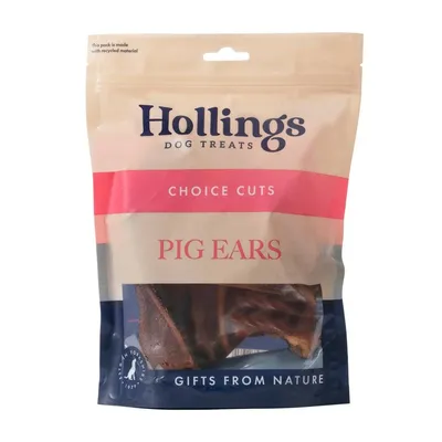 Hollings dog treats, choice cuts pig ears, gifts from nature. Pack states it is made with recycled material.