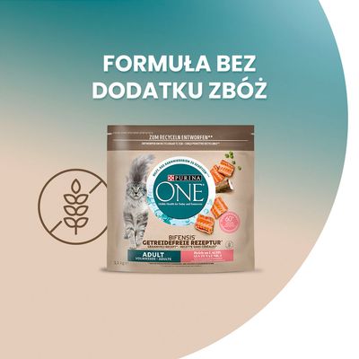 Purina ONE Bifensis Adult, formuła bez dodatku zbóż. Opakowanie karmy dla kotów z łososiem, widoczny symbol przekreślonego kłosa.