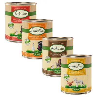 Pachet economic Lukullus 24 x 800 g - Mix I: păsăre & miel, iepure sălbatic, inimi de curcan, iepure