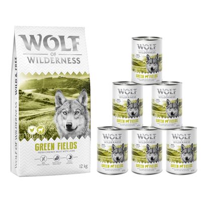 Wolf of Wilderness Wild Hills 12 kg száraz táp és 6 konzerv. Lila-fehér csomagolás, felirat: 100% grain-free recipe, Próbálja ki! narancssárga körben.