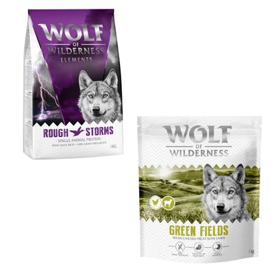 Wolf of Wilderness kutyatáp csomagok: Blue, Sunny, Wild, Green Fields. 100% grain-free recipe. Próbálja ki! felirat narancssárga körben.