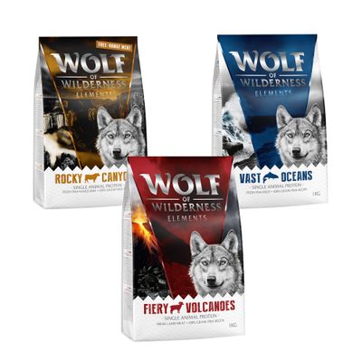 Wolf of Wilderness kutyatáp csomagok: Blue, Sunny, Wild, Green Fields. 100% grain-free recipe. Próbálja ki! felirat narancssárga körben.