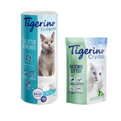Tigerino Crystals Silicate Litter 5L és Tigerino Refresher Cat Litter Refresher, akciós jelzéssel. Látható: macskák, aloe vera illat, tavaszi rét illat, angol nyelvű feliratok.